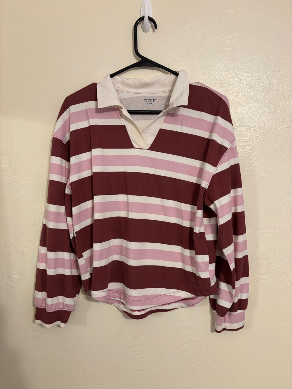 Old Navy Active Rugby Polo Shirt XL Pink Burgundy Striped Long Sleeve